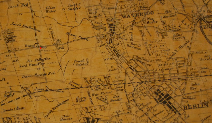 Part of Tremaine's Map of Waterloo, Canada West, 1861.  Shown in red is the forerunner of Erb Street Mennonite Church, the David Eby Meetinghouse at what is now the interection of Fisher-Hallman Road and Erb Street West.    Region of Waterloo Archives Collection.
